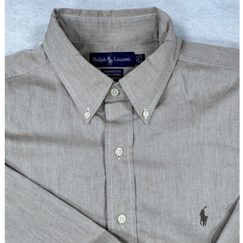 Ralph Lauren Yarmouth Mens 16-34 Tan Cotton Button Down‎ Shirt Long Sleeve Khaki